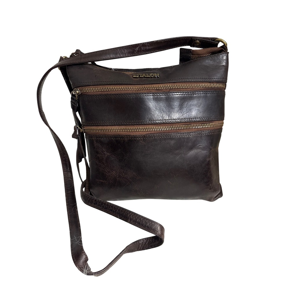 Estalon Dark Brown Distressed Leather Crossbody Bag Multi Pocket Messenger 10x10